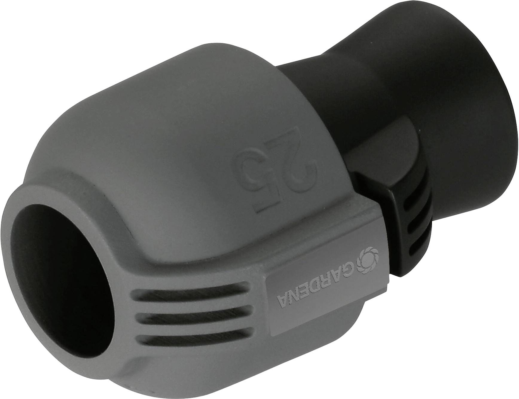 Złączka Gardena z tworzywa sztucznego w kolorze czarnym i szarym do rur o średnicy 25 mm. Złącze wtykowe do systemów nawadniających.