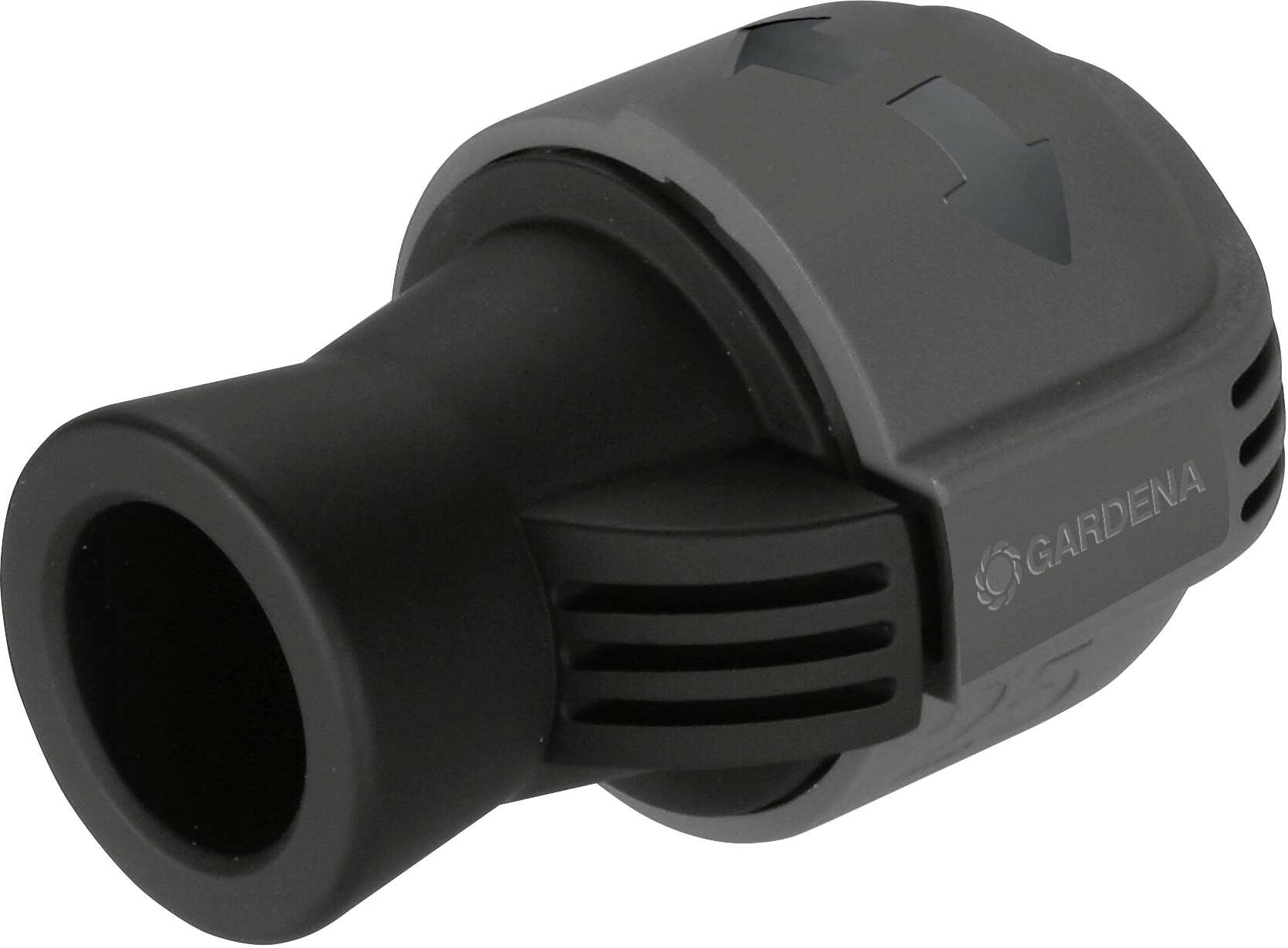 Czarny, stożkowy adapter z szarym pierścieniem, podłużnymi otworami wentylacyjnymi i oznaczeniem strzałkowym przeznaczony do produktów wodnych.