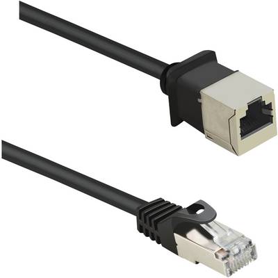 Czarny kabel sieciowy z wtykiem RJ45 na jednym końcu i gniazdem na drugim. Idealny do łączenia urządzeń sieciowych.