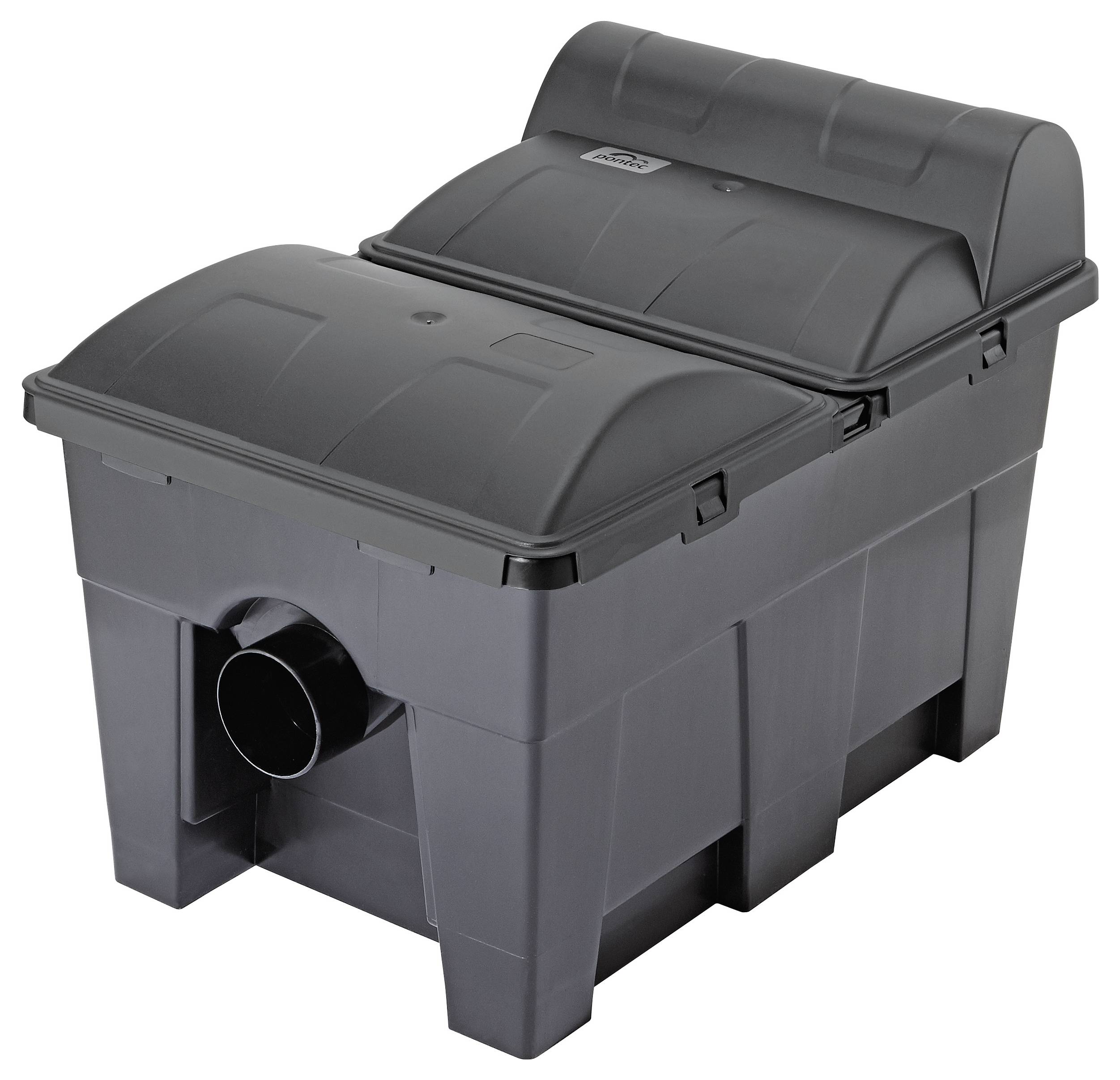 Szary plastikowy zbiornik septyczny z dwoma komorami i centralnym wylotem rurowym.