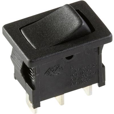 Czarny przełącznik kołyskowy z trzema złotymi stykami od spodu, stosowany do sterowania urządzeniami elektrycznymi.
