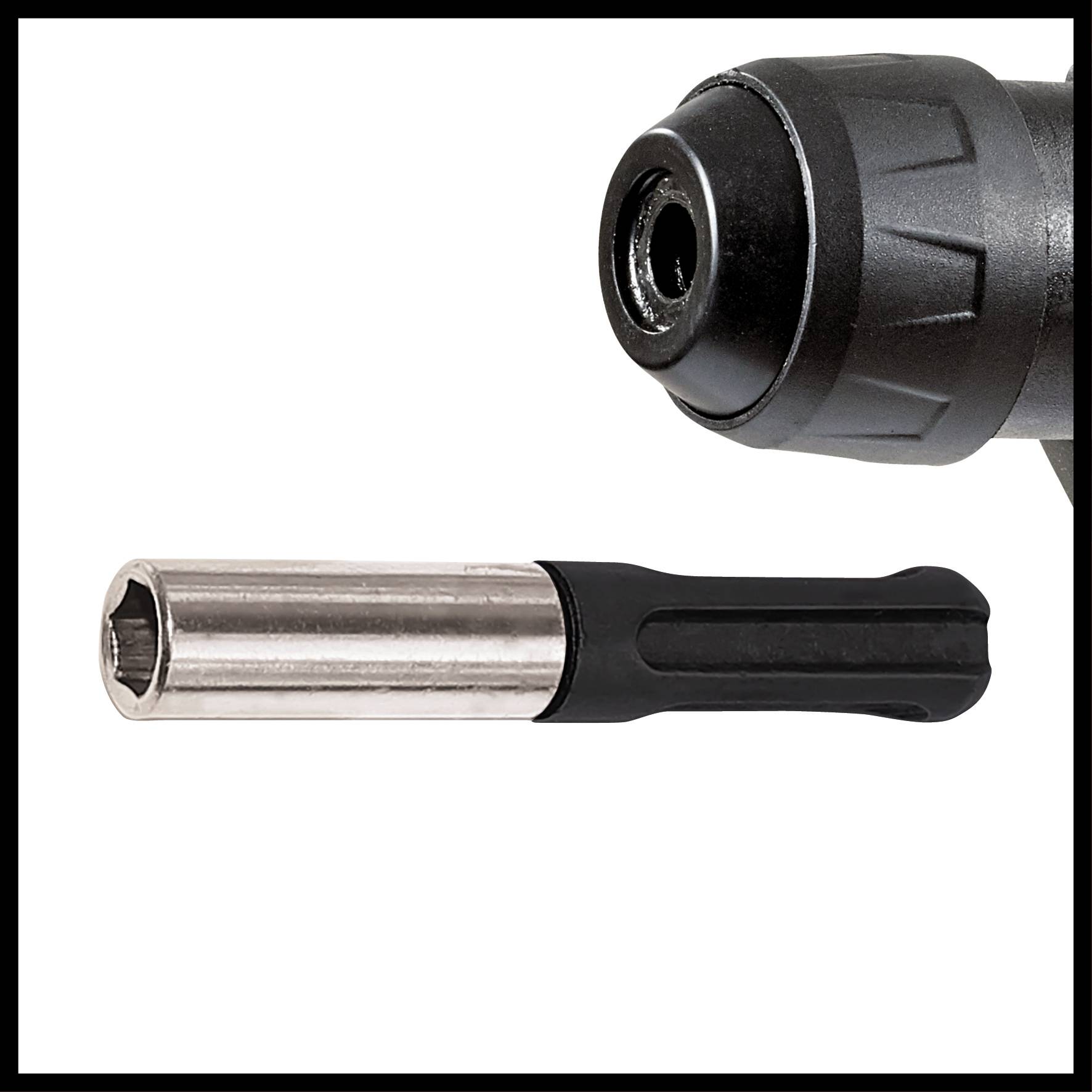 Srebrny sześciokątny wkrętak z czarną rękojeścią leży poziomo obok czarnego wiertła.