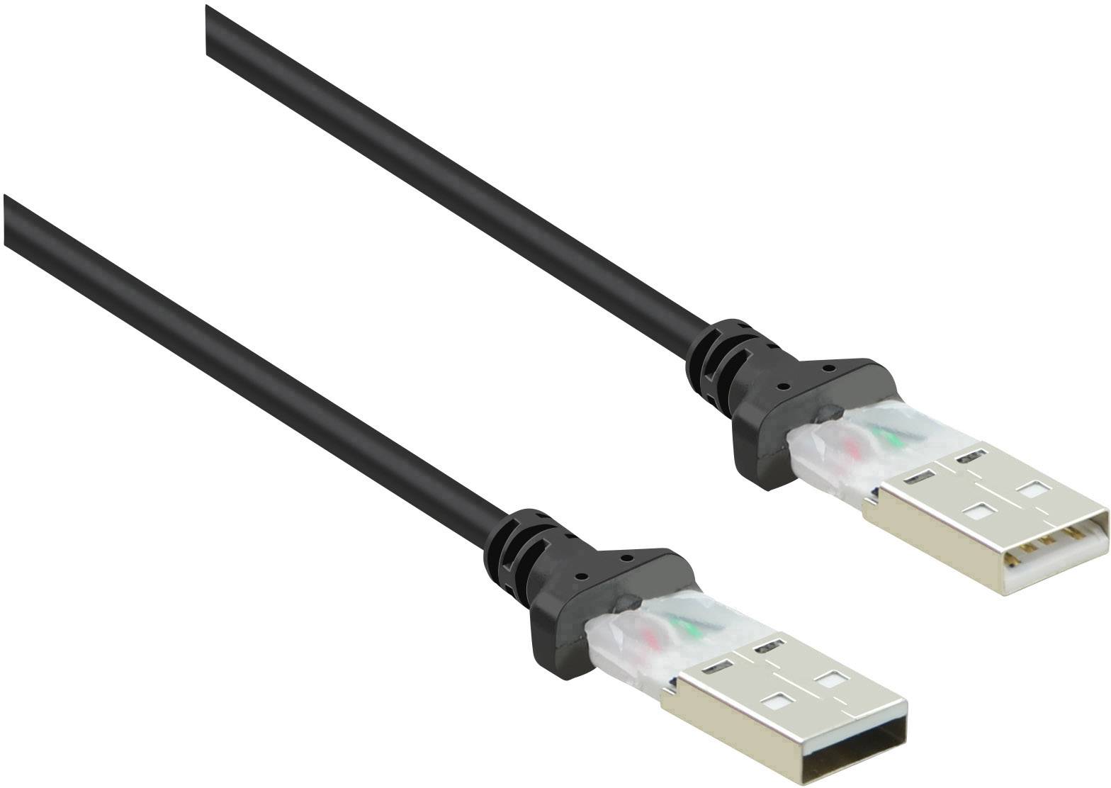 Dwa czarne wtyczki USB-A z przezroczystym plastikowym elementem, umieszczone na końcach czarnego przewodu.