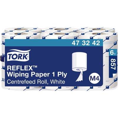 Opakowanie białych, jednostronnych rolek papierowych marki Tork, model Reflex, typ Centrefeed Roll. Zawiera 6 rolek papierowych.