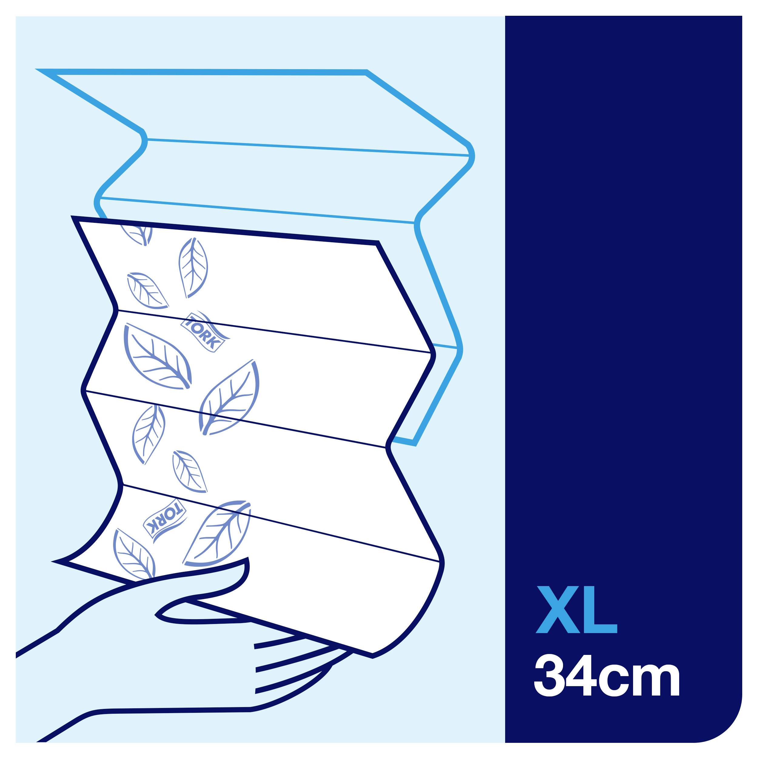 Dłoń trzyma otwarte pudełko z kartkami papieru i symbolami liści. Po prawej stronie widnieje napis 'XL 34 cm'.