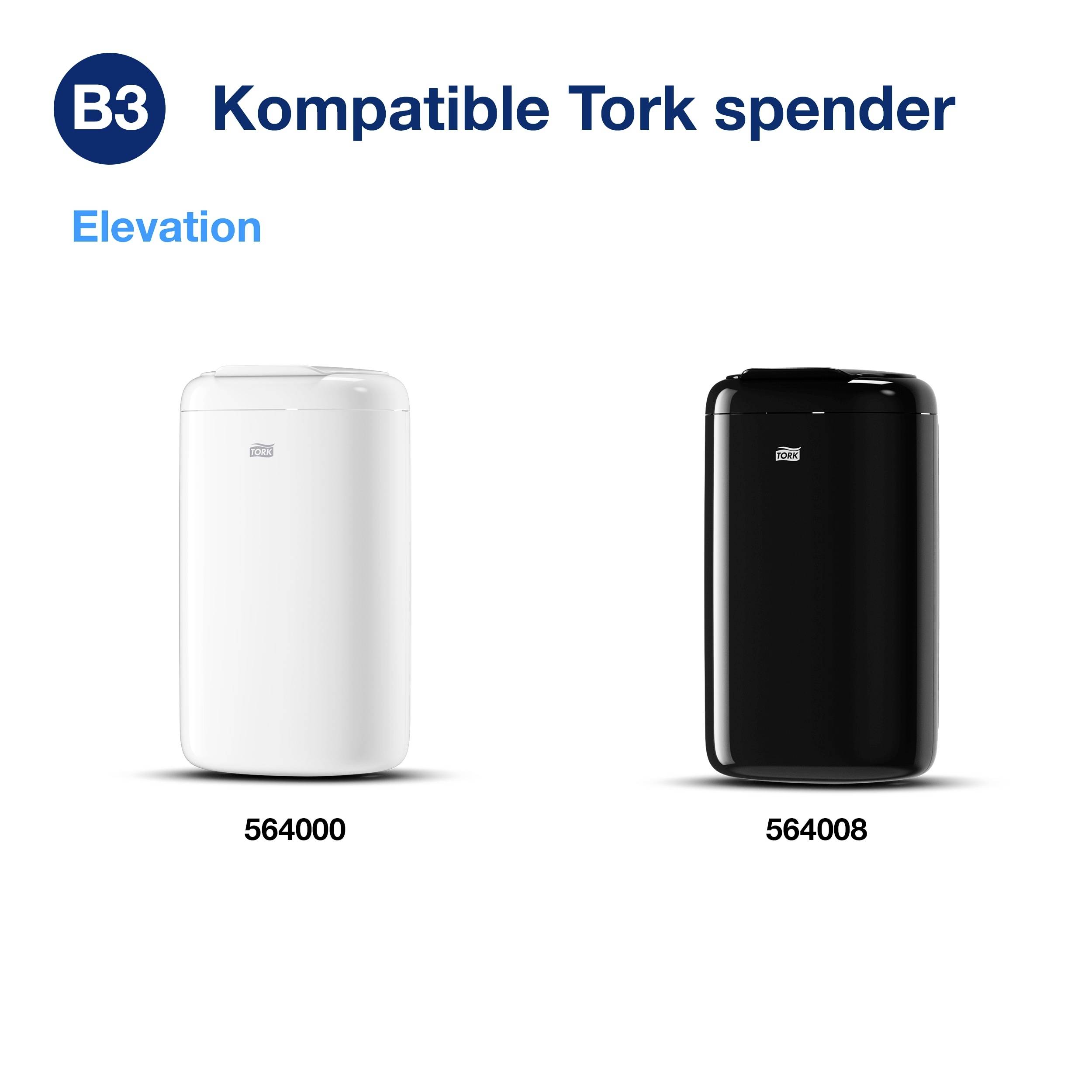 Dwa dozowniki papieru toaletowego Tork, jeden biały (numer modelu 564000), drugi czarny (numer modelu 564008), z oznaczeniem 'Kompakt'.