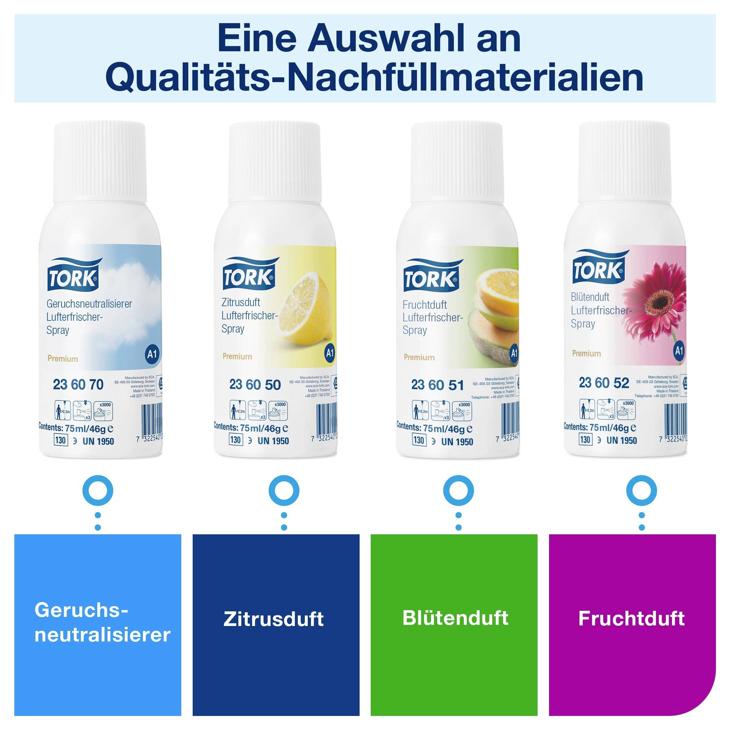 Reklama z czterema spray'ami odświeżającymi powietrze Tork jako "Doskonały wybór wysokiej jakości materiałów uzupełniających": neutralizator zapachów, cytrusowy, kwiatowy i owocowy zapach.
