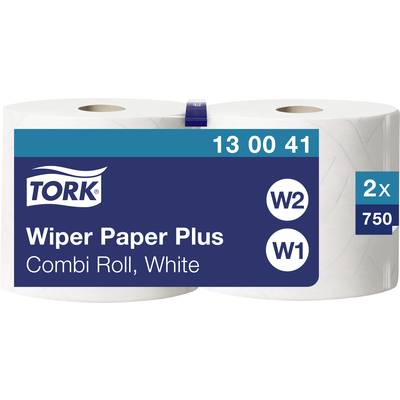 Dwie białe rolki papieru 'Wiper Paper Plus' marki Tork, przeznaczone do systemów W2 i W1, 750 arkuszy w rolce. Numer produktu: 13 00 41.