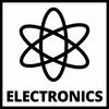 Symbol atomu z napisem 'ELECTRONICS' poniżej. Oznacza to biznes lub dział elektroniki.