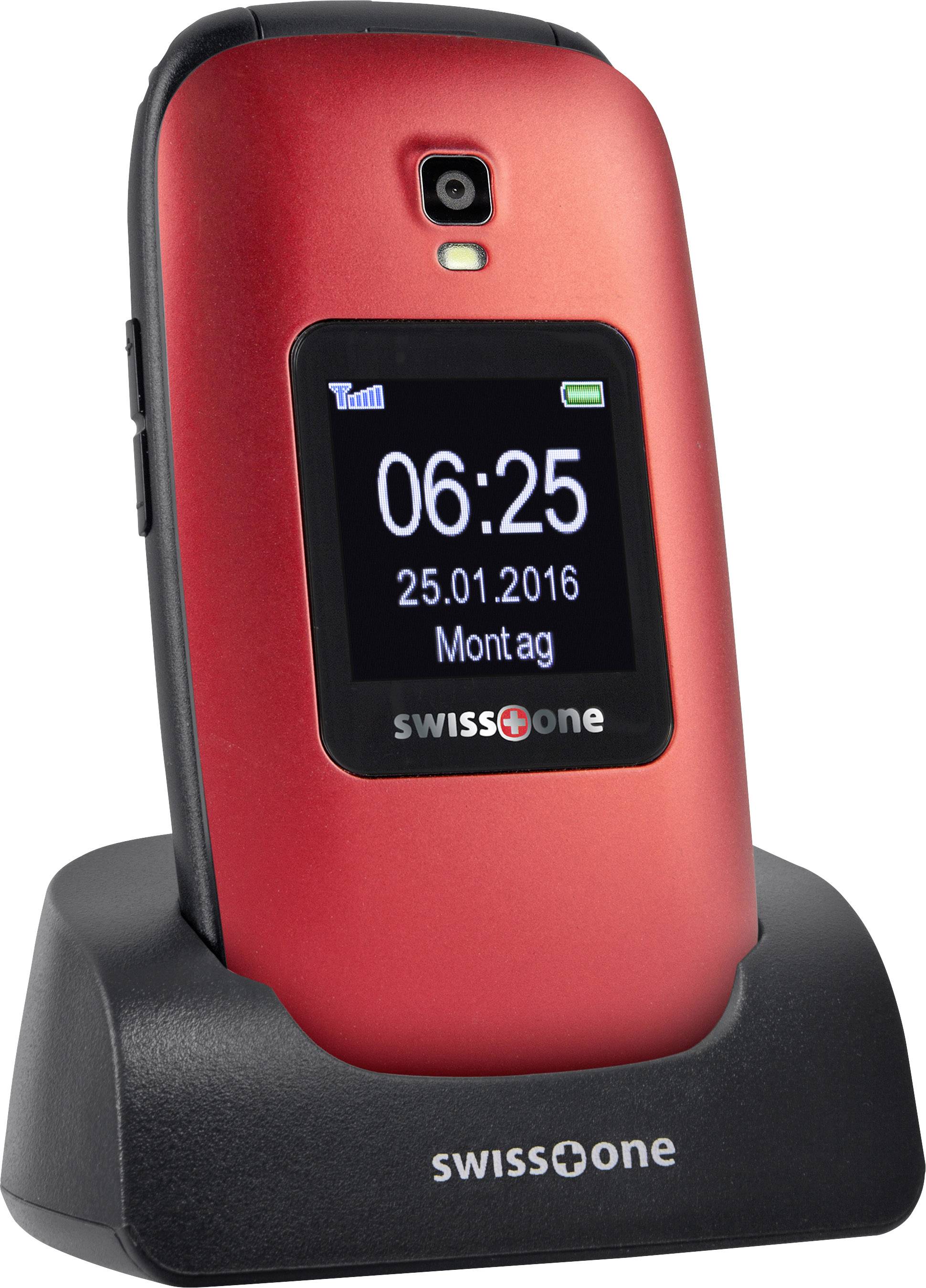 Czerwony składany telefon komórkowy w stacji ładującej wyświetla na ekranie godzinę '06:25' oraz datę '25.01.2016, poniedziałek'.