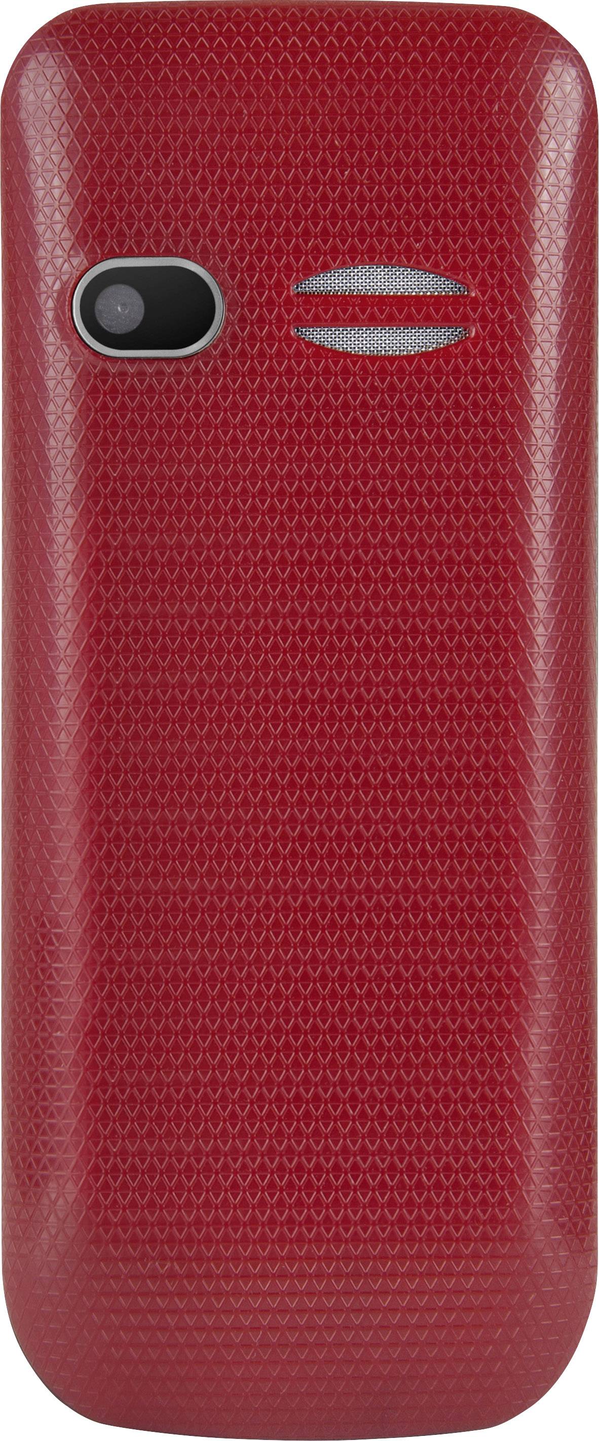 Stary, czerwony telefon komórkowy widziany od tyłu, z otworem na kamerę i strukturyzowaną powierzchnią. Bez widocznych przycisków.