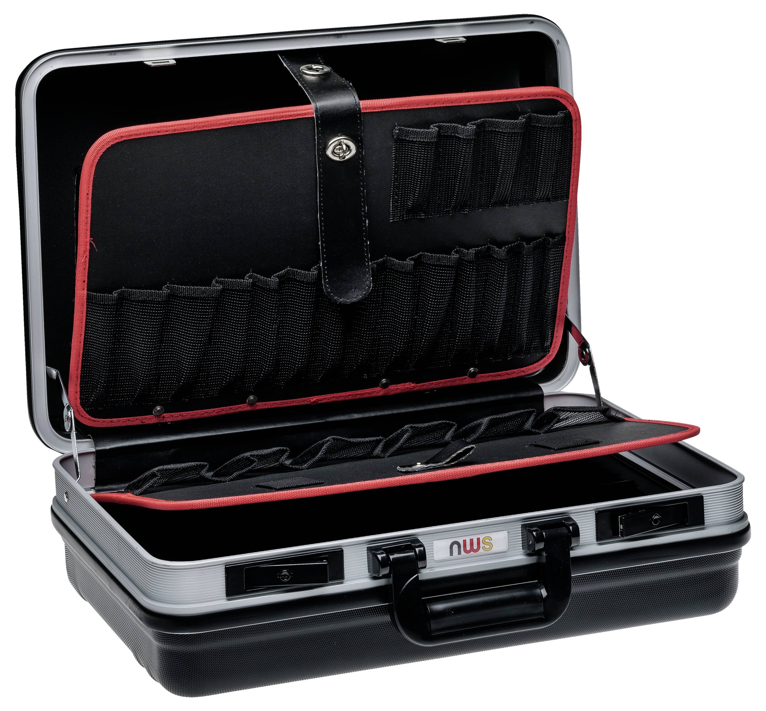 Otwarta czarna walizka z przegródkami i paskami do organizowania narzędzi w środku.