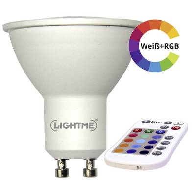 Żarówka LED z gniazdem GU10 i pilotem do sterowania kolorem. Widoczne logo 'LIGHTME'. Opcje podświetlenia RGB oraz białego światła.