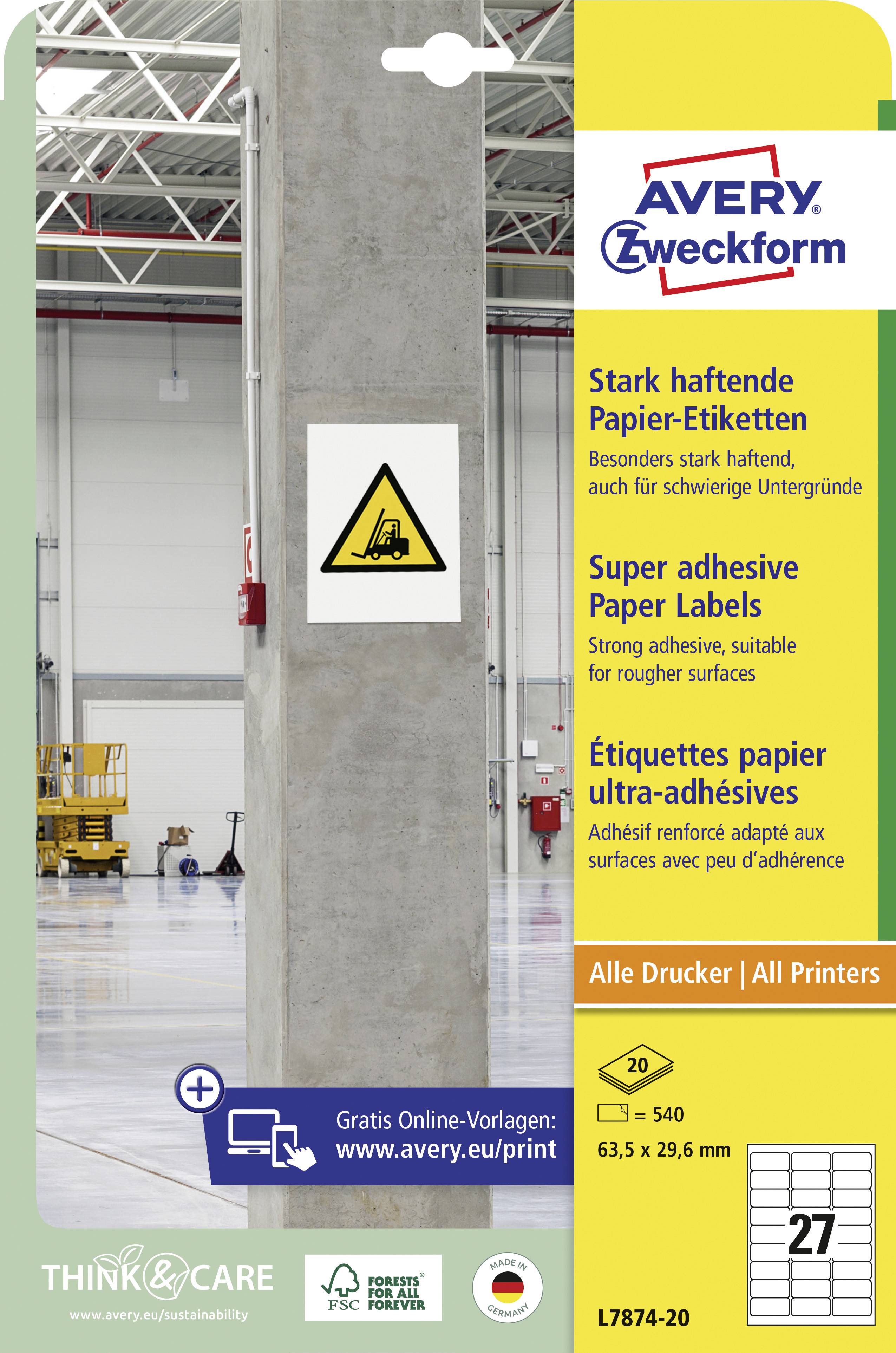 Opakowanie etykiet z mocno przylegającymi etykietami papierowymi do szorstkich powierzchni. Zawiera 20 arkuszy po 63,5 x 29,6 mm. Odpowiednie do wszystkich drukarek.