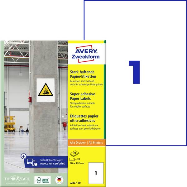 Avery-Zweckform L7877-20 Etykiety samoprzylepne 210 x 297 mm Papier biały 20 szt. Trwały, Silnie łączący Drukarka atramentowa, Drukarka Laserowa, Drukarka Laserowa, kolorowa, Kopiarka, Drukarka z funkcją kopiowania w kolorze, Drukarka etykiet