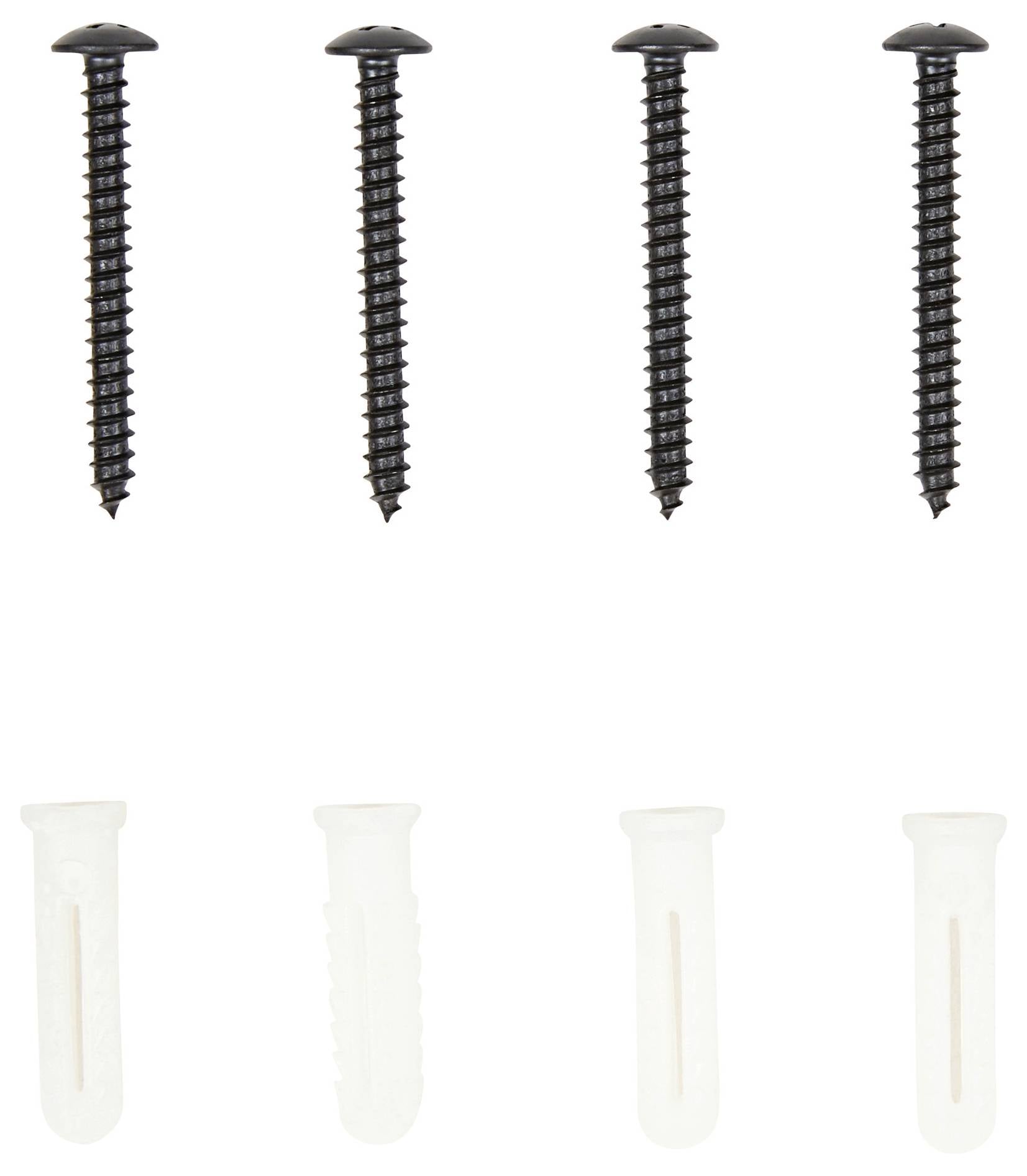 Sześć czarnych śrub i cztery białe kołki na białym tle, ułożone w dwóch rzędach. Narzędzia do mocowania.