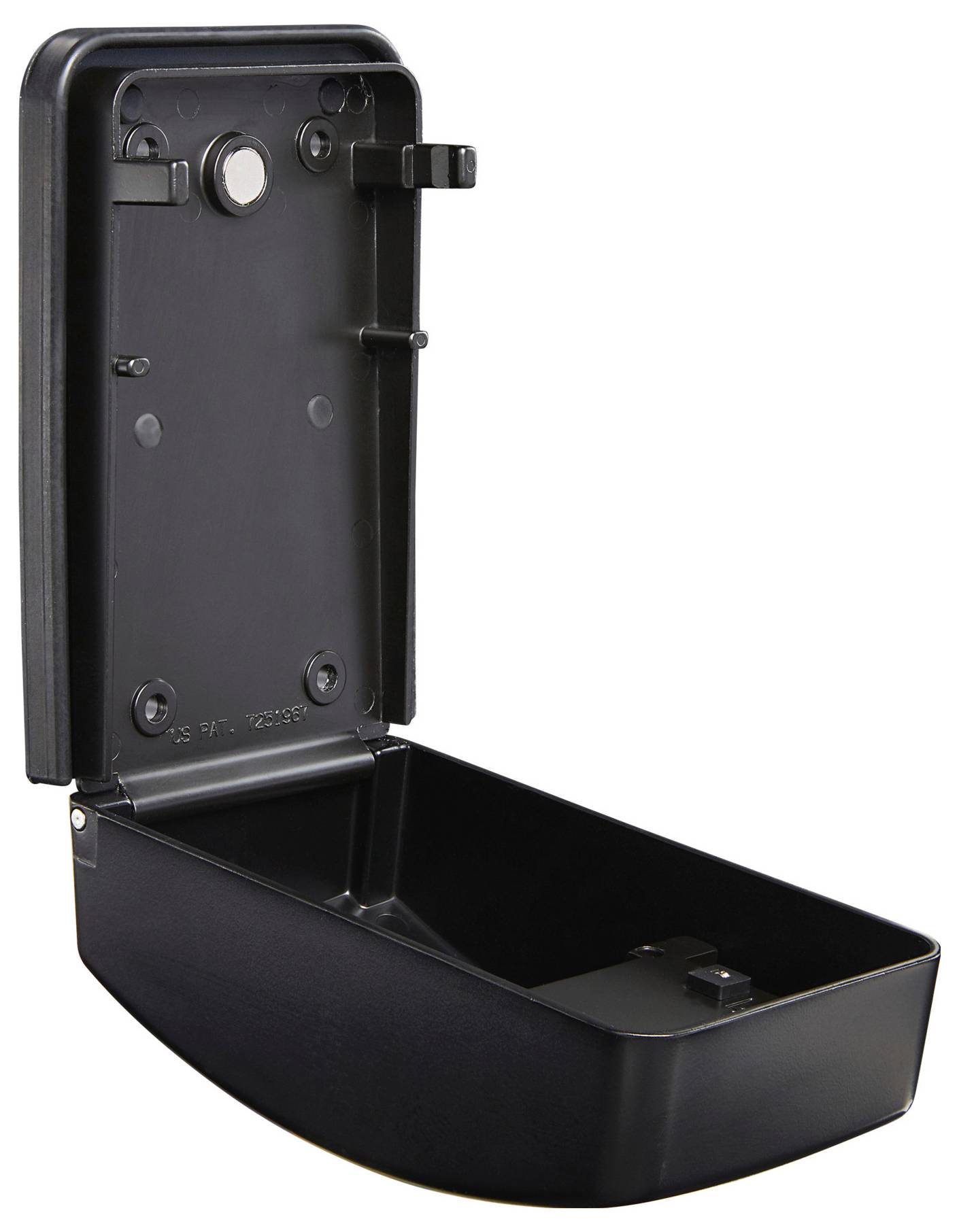 Otwarty, prostokątny sejf na klucze z metalu do zamocowania na ścianie. Widoczne jest jego wnętrze bez widoku na mechanizm zamykający.