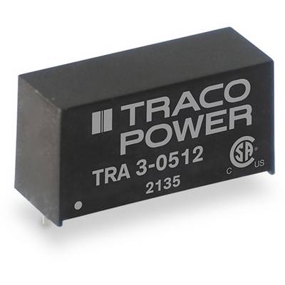 Przetwornik napięcia firmy Traco Power, model TRA 3-0512, prezentujący logo firmy i znaki certyfikacji na czarnej obudowie.
