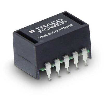 Moduł transformatorowy firmy 'TRACO POWER' o oznaczeniu 'TSR 0.5-2415SM', widocznych sześć pinów. Czarna, prostopadłościenna obudowa.