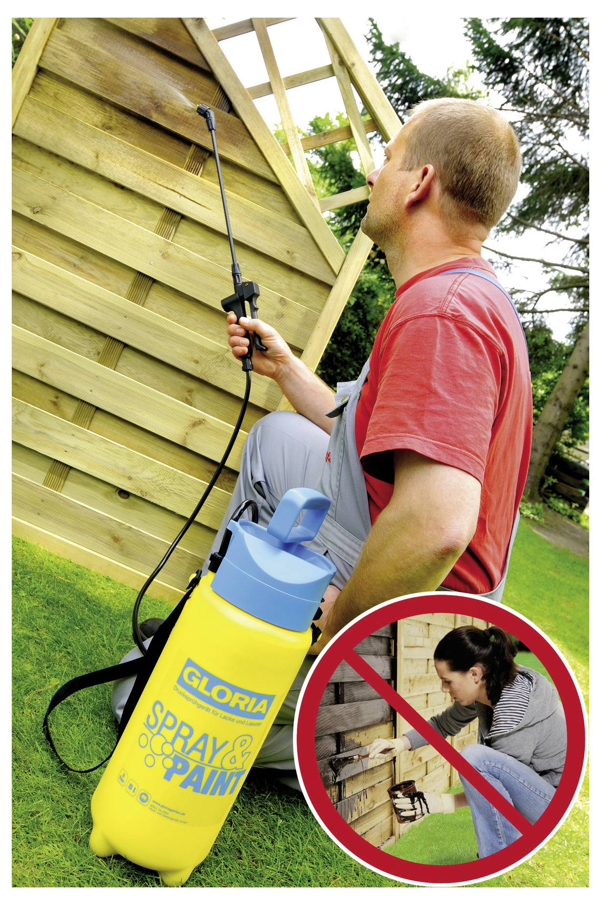 Mężczyzna używający rozpylacza ciśnieniowego do malowania drewnianej konstrukcji; wstawka pokazuje kobietę blokowaną przed rozpylaniem w pobliżu kominka, wskazując na to, aby nie używać go w pomieszczeniach.
