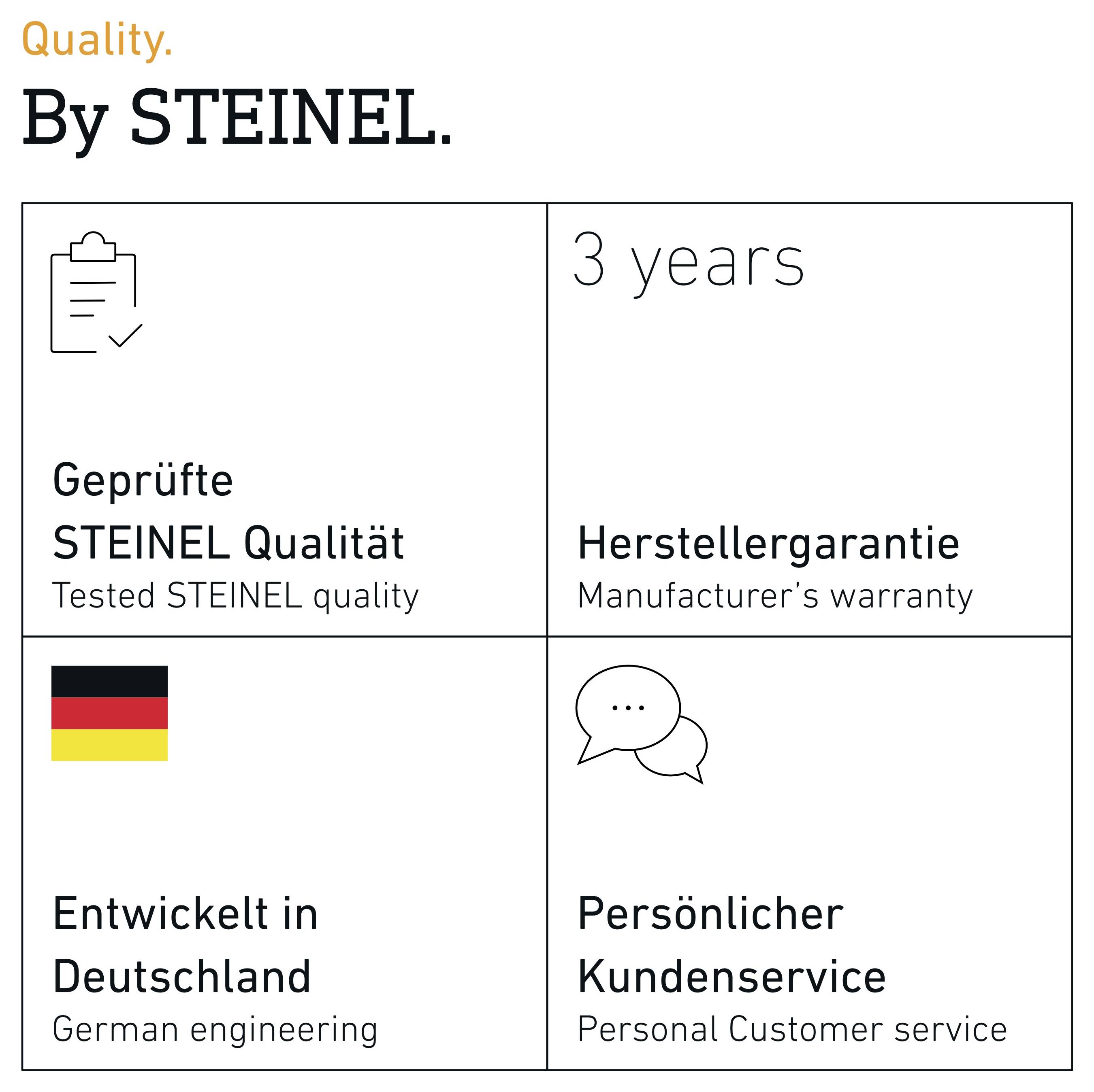 Czteropolowa infografika dotycząca STEINEL: sprawdzona jakość, 3 lata gwarancji producenta, opracowano w Niemczech i osobisty serwis dla klientów.