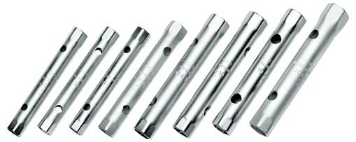 Zestaw ośmiu metalowych kluczy rurowych nasadowych o różnych rozmiarach ułożonych w porządku rosnącym od lewej do prawej.