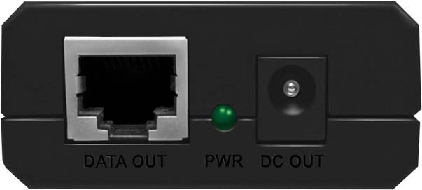 Czarne urządzenie z gniazdem Ethernet 'DATA OUT', diodą zasilania 'PWR' oraz złączem zasilania 'DC OUT'.