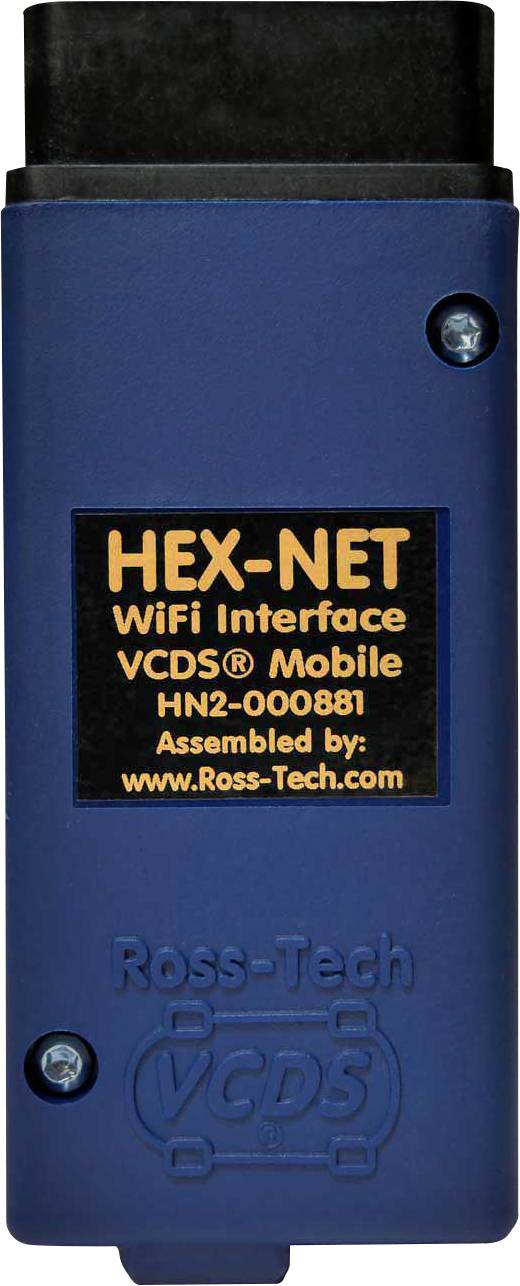 Niebieski przyrząd z napisem 'HEX-NET WiFi Interface VCDS Mobile HN2-000881 Zmontowany przez: www.Ross-Tech.com'.