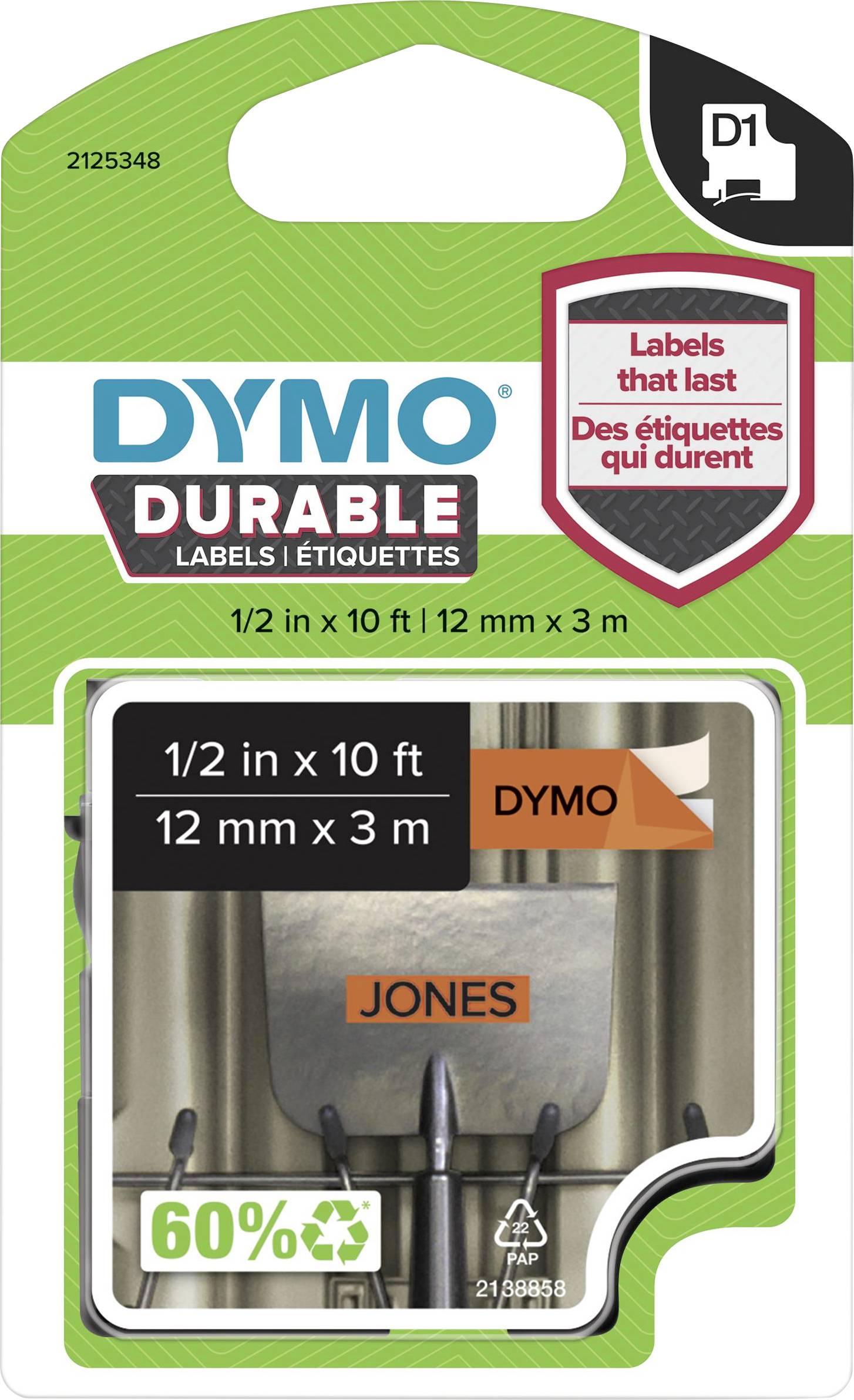 Etykieta DYMO Durable, 12 mm x 3 m, z ilustracją opakowania z napisem 'Etykiety, które trwają' oraz przykładem 'JONES' na powierzchni ze stali nierdzewnej.