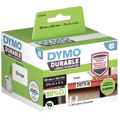 Pudełko etykiet DYMO Durable o wymiarach 59 mm x 102 mm. Zawiera 300 etykiet. Wyprodukowane w Europie.