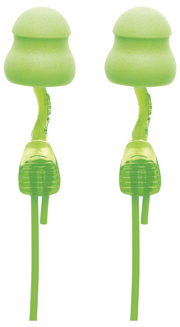 Zielone wkładki piankowe do uszu z dołączonymi sznurami, zaprojektowane w celu zmniejszenia ekspozycji na hałas.