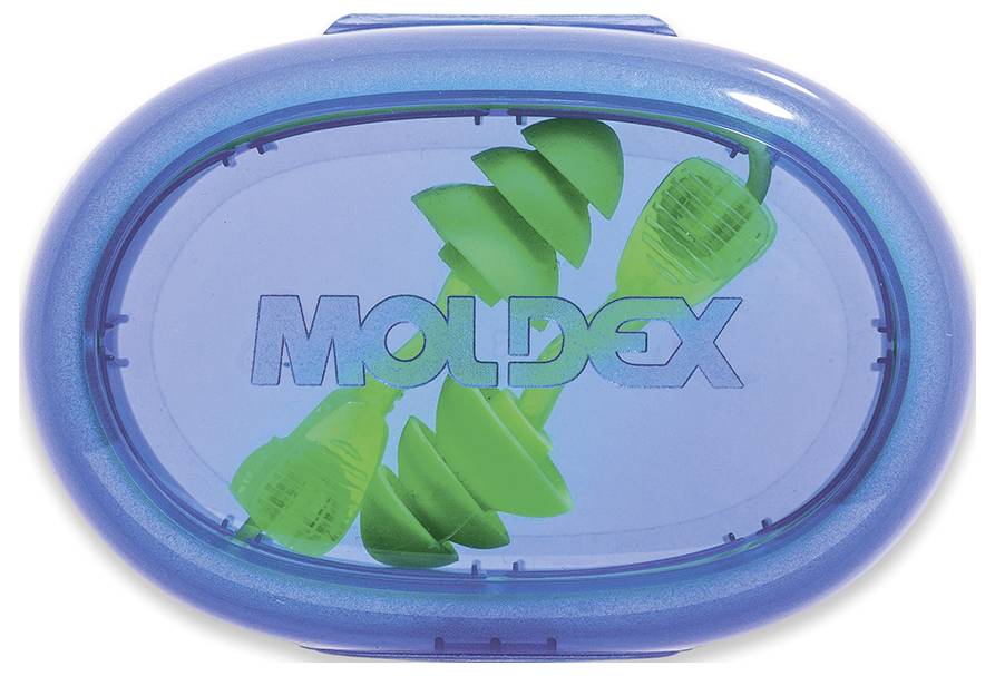 Niebieskie etui zawierające zielone wkładki do uszu z napisem „Moldex" na wieczku.