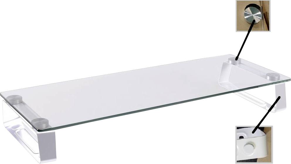 Płaski stojak na monitor ze szkła z białymi mocowaniami w narożnikach. Prezentuje zbliżone widoki szczegółów mocujących.