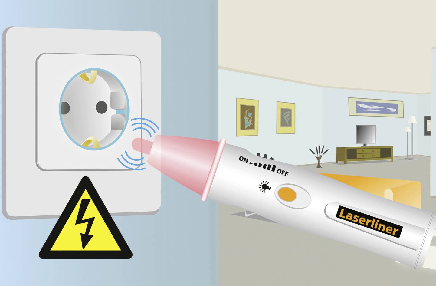 Tester napięcia jest przyłożony do gniazdka elektrycznego. Symbol ostrzegawczy wskazuje na zagrożenie prądem elektrycznym. Na tle widać salon.