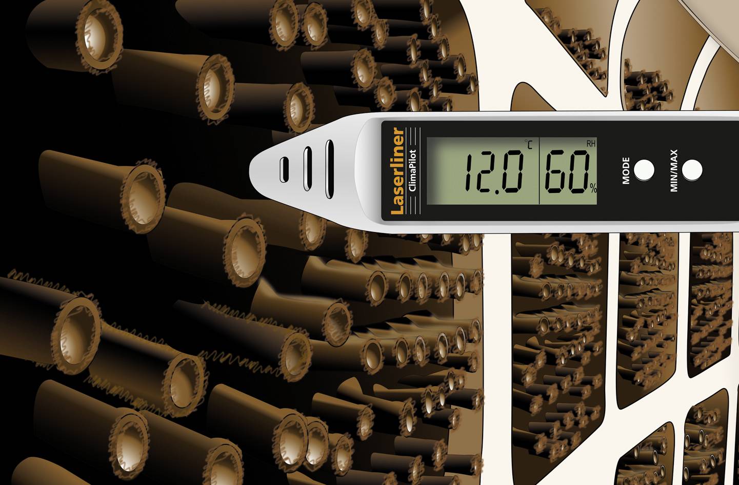 Cyfrowy miernik wskazuje '12.0' i '6.0'. Na tle widać wiele obiektów rurowych.