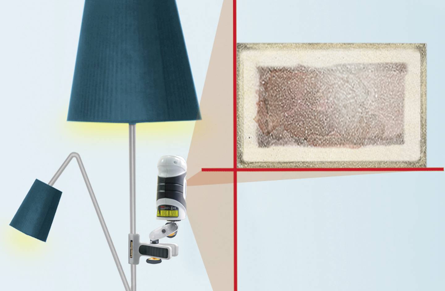 Lampa o nowoczesnym designie obok zdjęcia mikroskopowego. Zdjęcie przedstawia prostokątną strukturę z subtelnymi detalami.