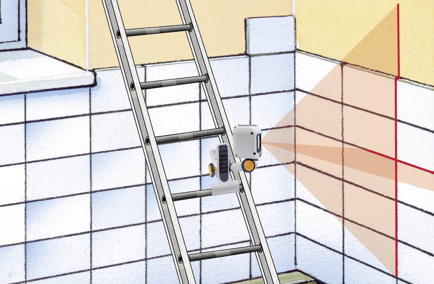 Laserowy dalmierz zamocowany na drabinie rzuca czerwone linie na kafelkowaną ścianę do precyzyjnych pomiarów budowlanych.