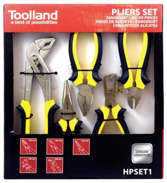 Zestaw szczypiec Toolland w pudełku ekspozycyjnym, pokazujący pięć czarno-żółtych narzędzi ręcznych i etykietę 'Chrome Vanadium', kod produktu HPSET1.