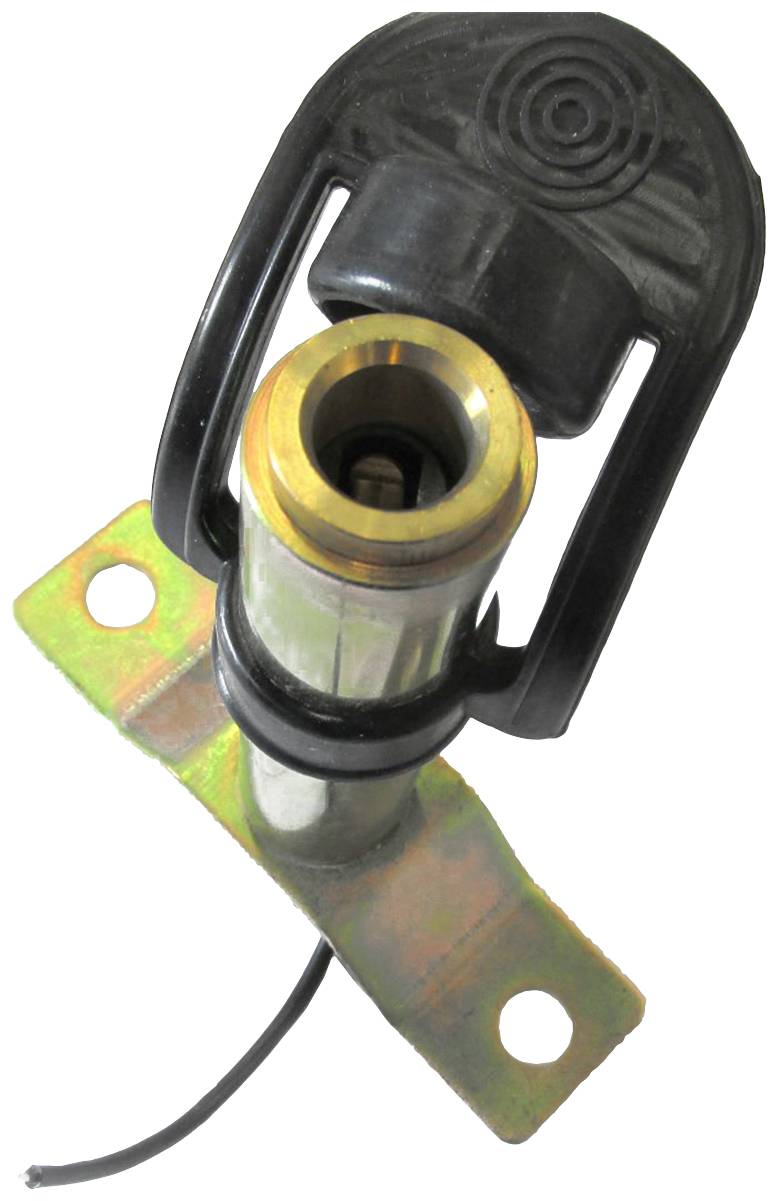 Metalowy czujnik z czarną plastikową pokrywą i przewodem, zamontowany na płaskiej metalowej podstawce z dwoma otworami mocującymi.