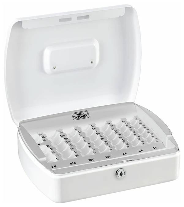 Otwarta biała skarbonka z oznaczonymi przegródkami na monety różnych nominałów.
