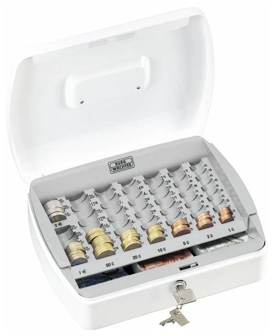 Biała skarbonka kasowa jest otwarta, ukazując uporządkowane monety euro w oznakowanych przegródkach od 1 centa do 2 euro, z przegródkami na banknoty oraz kluczem w zamku.