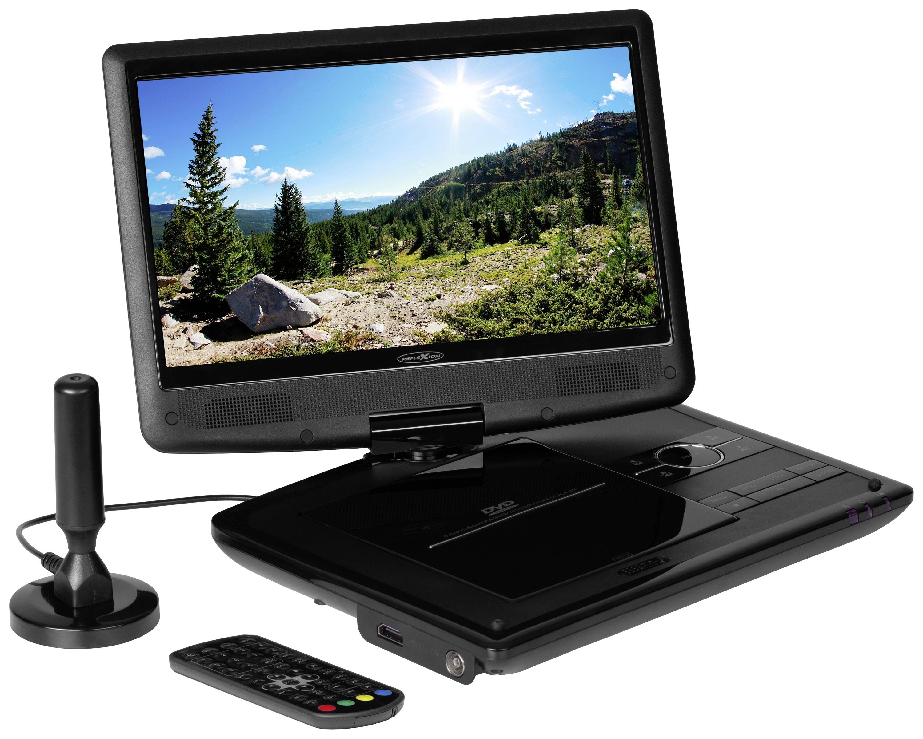 Przenośny odtwarzacz DVD z otwartym wyświetlaczem, na którym widać krajobraz z drzewami i górami, obok niego pilot zdalnego sterowania i antena.