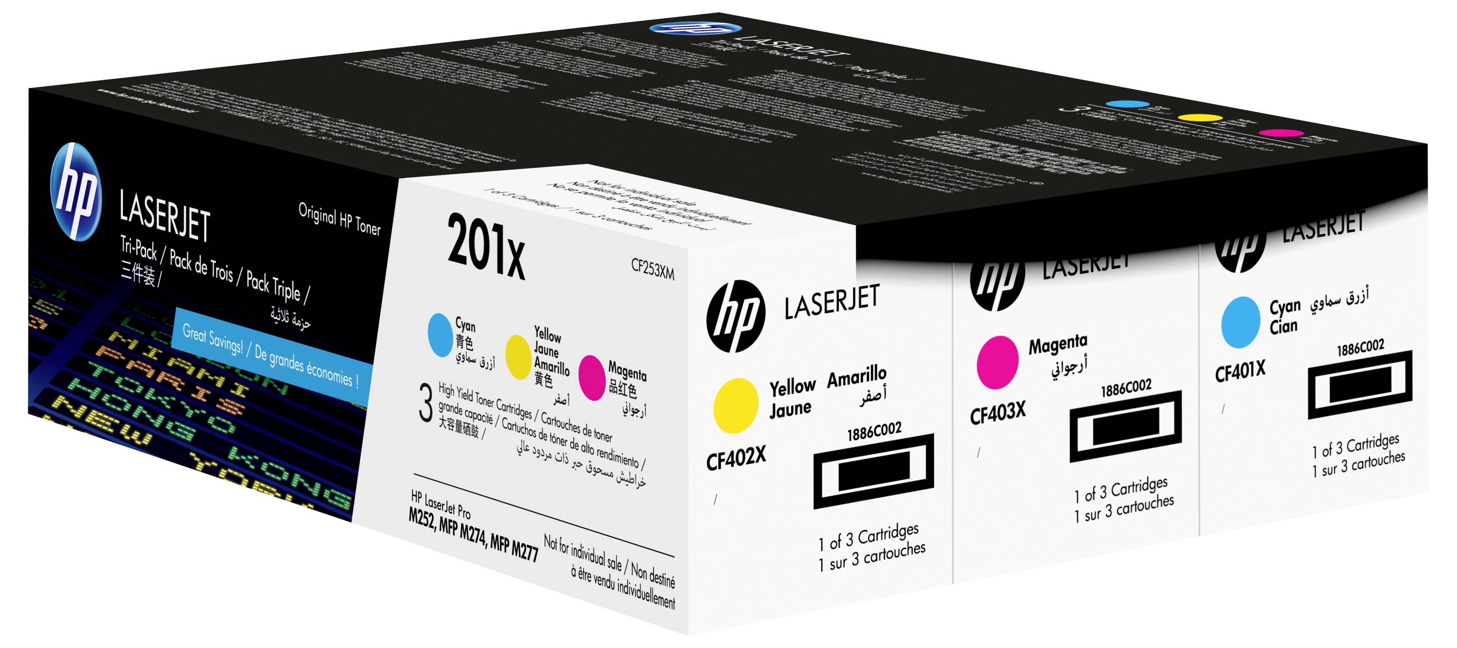 Pudełko wkładów atramentowych HP LaserJet pokazujące opakowania wkładów w kolorach czarnym, turkusowym, żółtym i magentowym dla serii modelu CF400X.