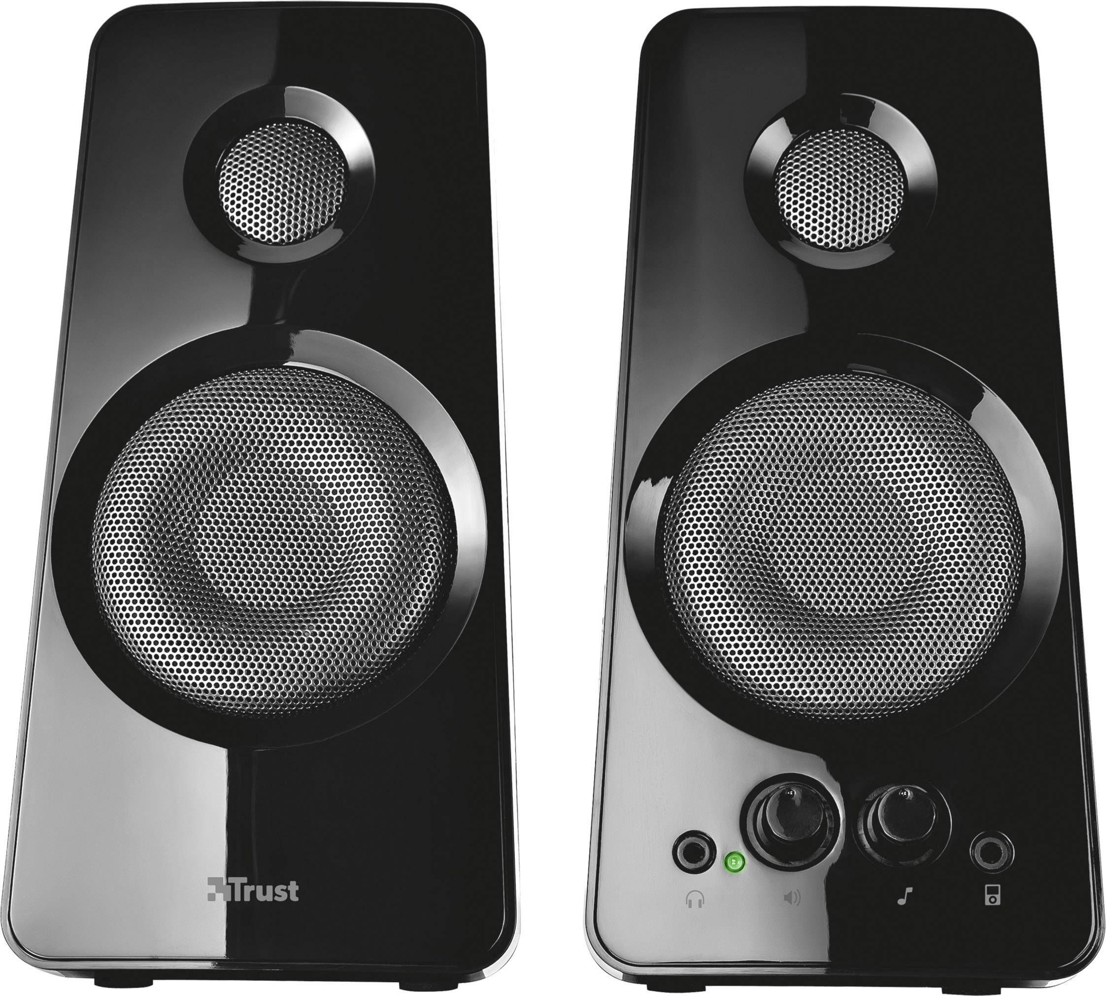 Para czarnych głośników komputerowych z srebrnymi kratkami i elementami sterującymi z przodu.