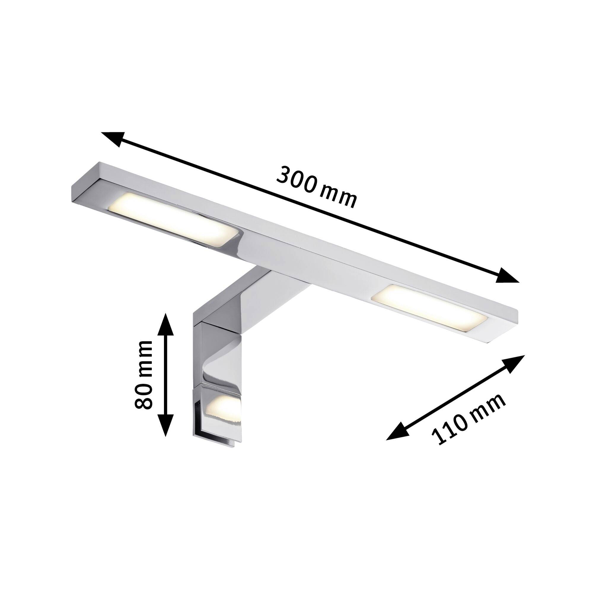 Kinkiet LED w kształcie litery L, chromowany, wymiary: 300 mm szerokości, 110 mm głębokości, 80 mm wysokości, odpowiedni do nowoczesnego oświetlenia wnętrz.