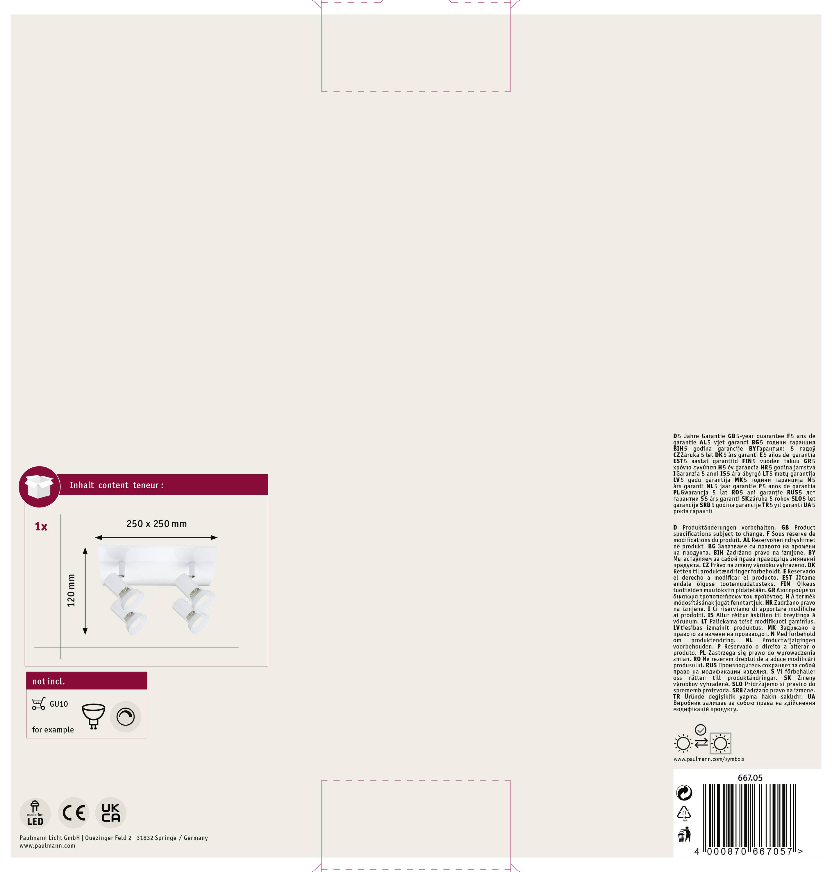 Opakowanie białego sufitowego reflektora o wymiarach 250 x 250 mm. Zawiera szczegóły techniczne i informacje producenta na odwrocie.