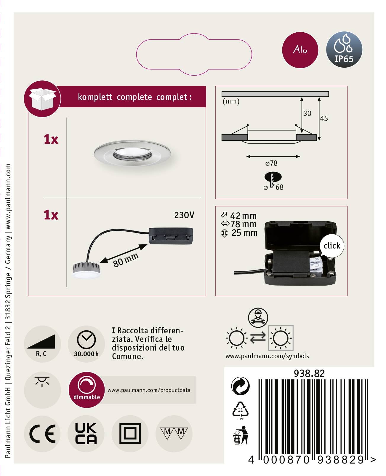 Вбудований світлодіодний світильник для ванної кімнати Paulmann Coin Slim 93882 6 Вт, матовий, залізний, 470 лм