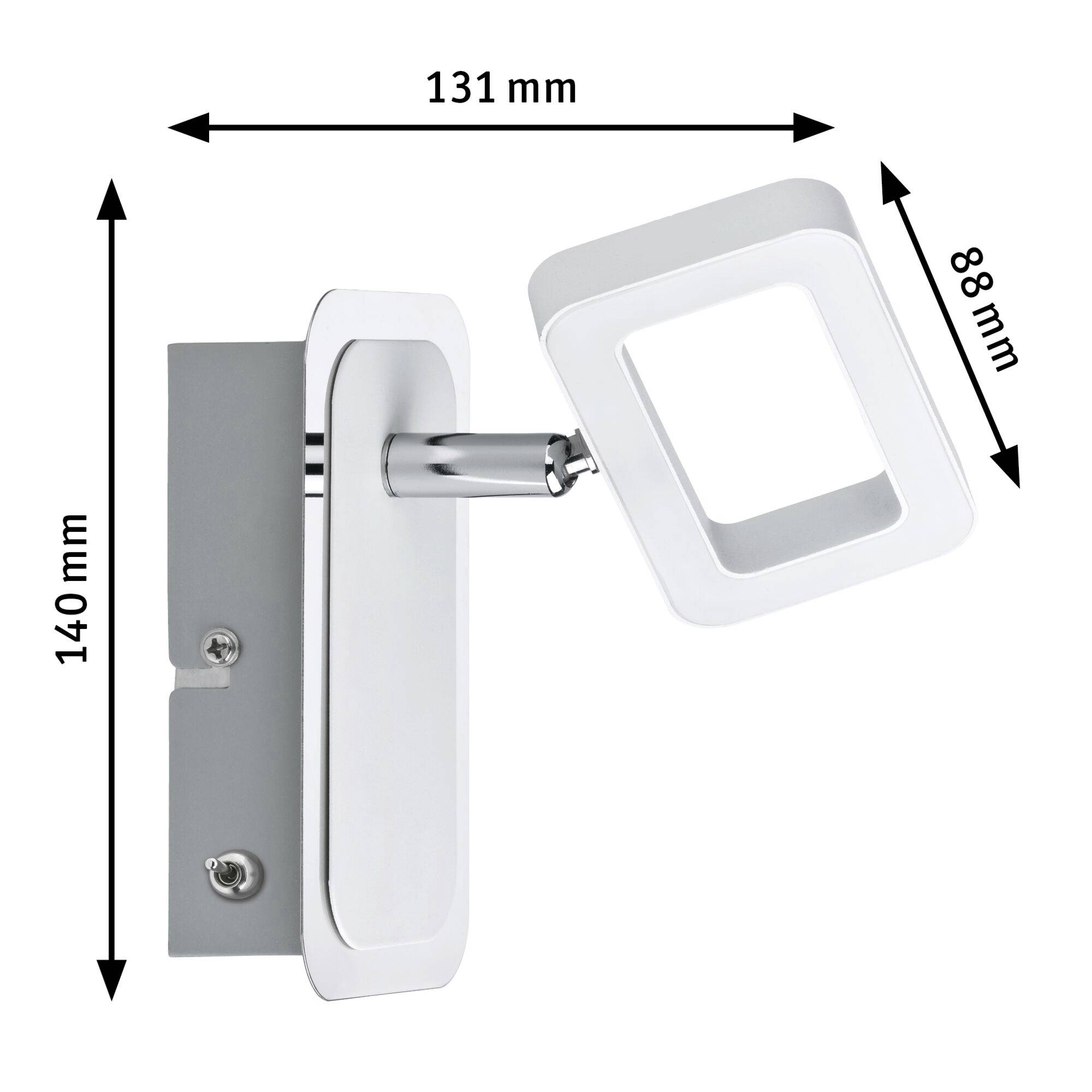 Kinkiet z prostokątnym, obrotowym panelem LED. Wymiary: 140 mm wysokości, 131 mm szerokości, 88 mm głębokości. Elegancki, nowoczesny design.