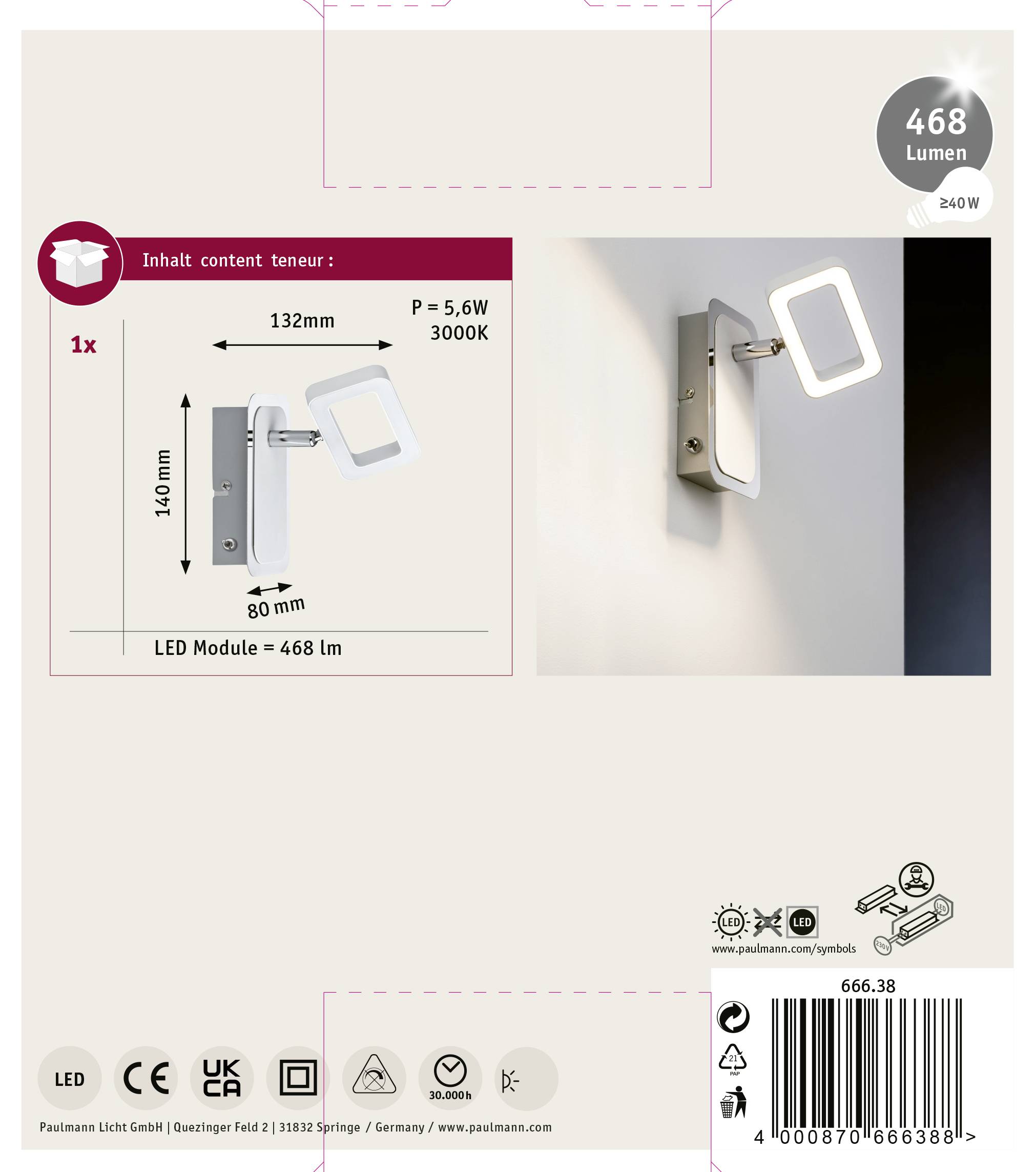 'Ilustracja kwadratowego kinkietu ściennego. Zawiera wymiary i parametry świetlne: 132 mm x 140 mm, 5,6 W, 3000K, 468 lumenów.'