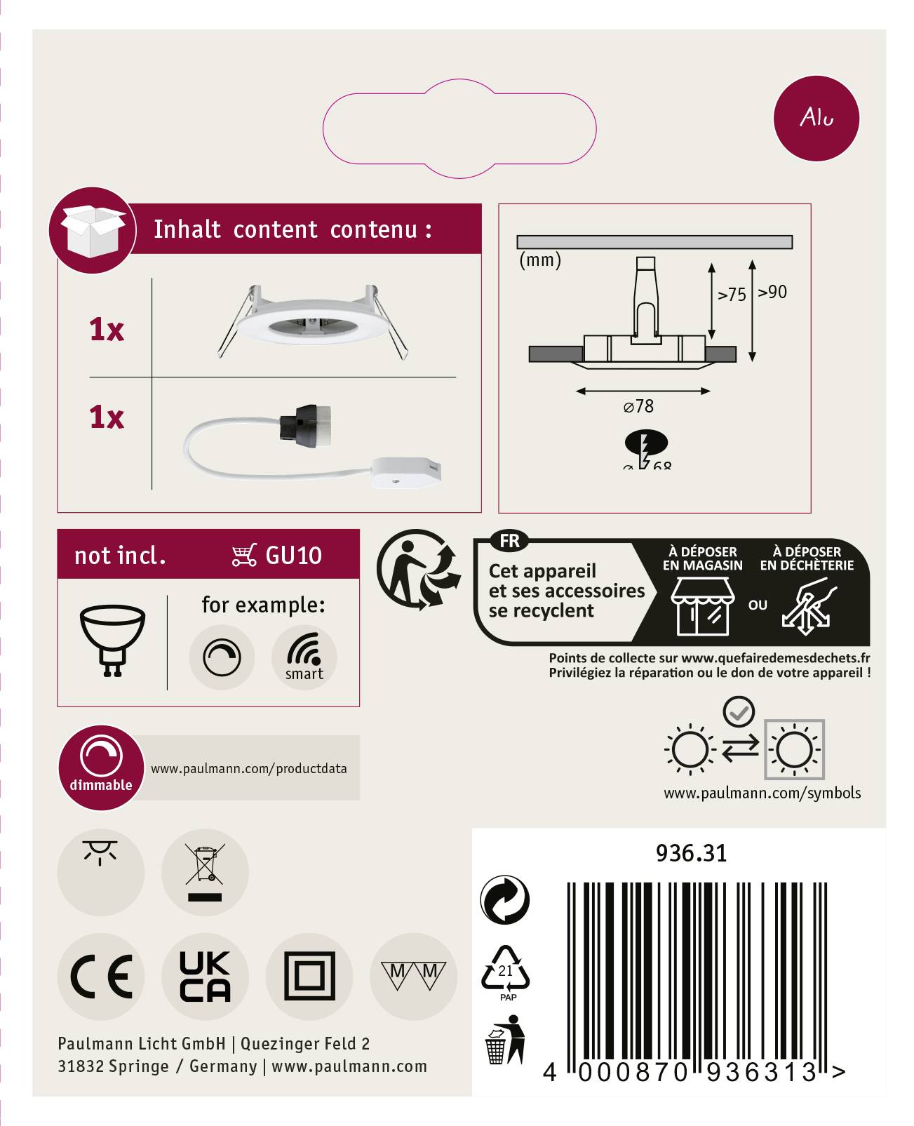Opakowanie zestawu opraw do zabudowy. Zawiera obraz oprawy, wymiary, instrukcję montażu oraz symbole oznaczające możliwość ściemniania, bez żarówki GU10.
